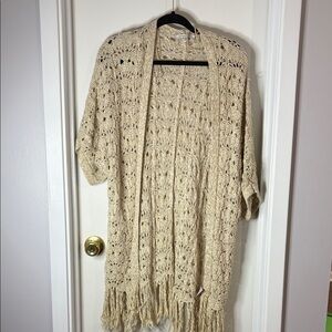 American Eagle Outfitters Cream Knit Cardigan with Fringe
